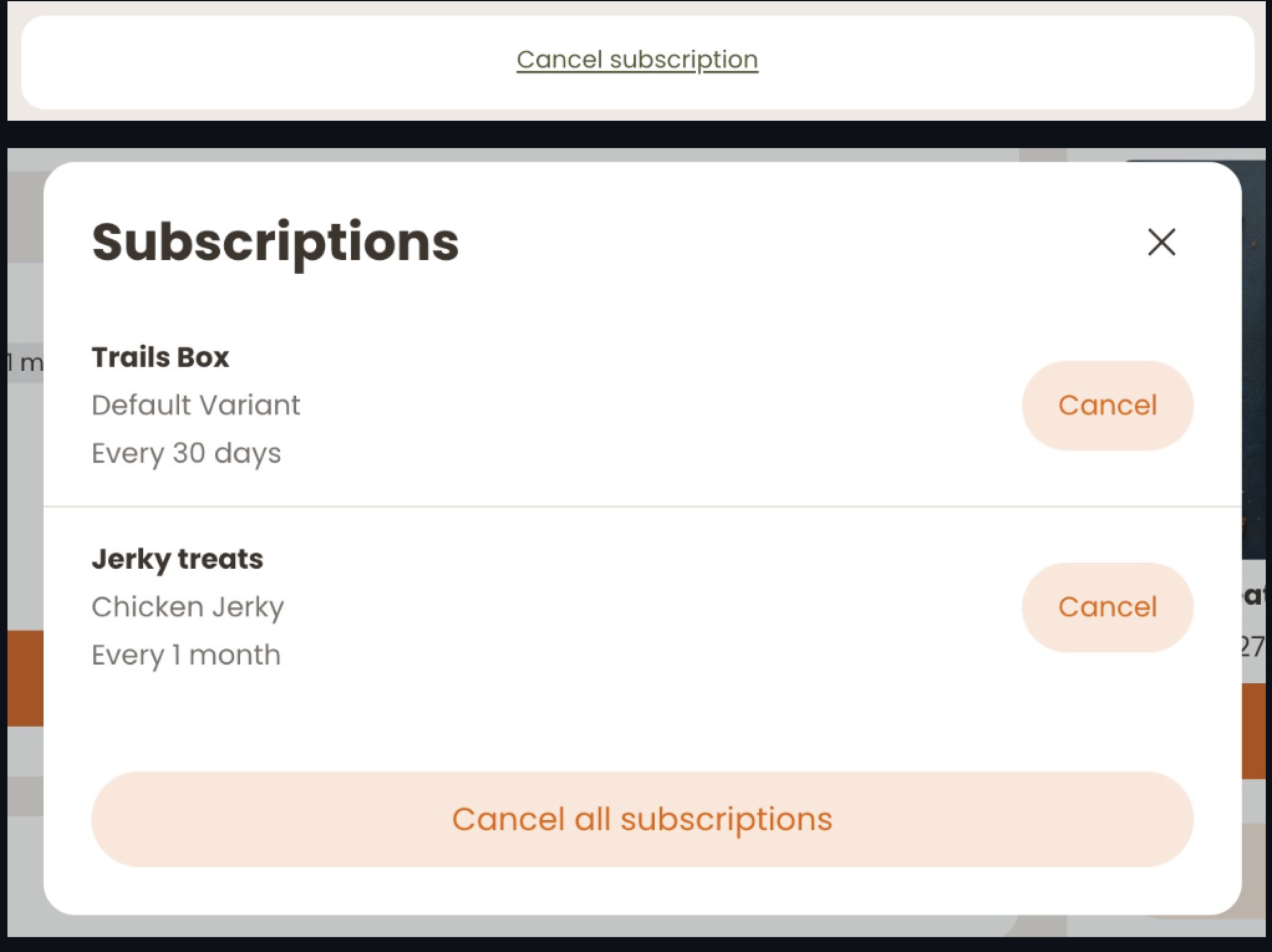 Example of the cancel subscription option