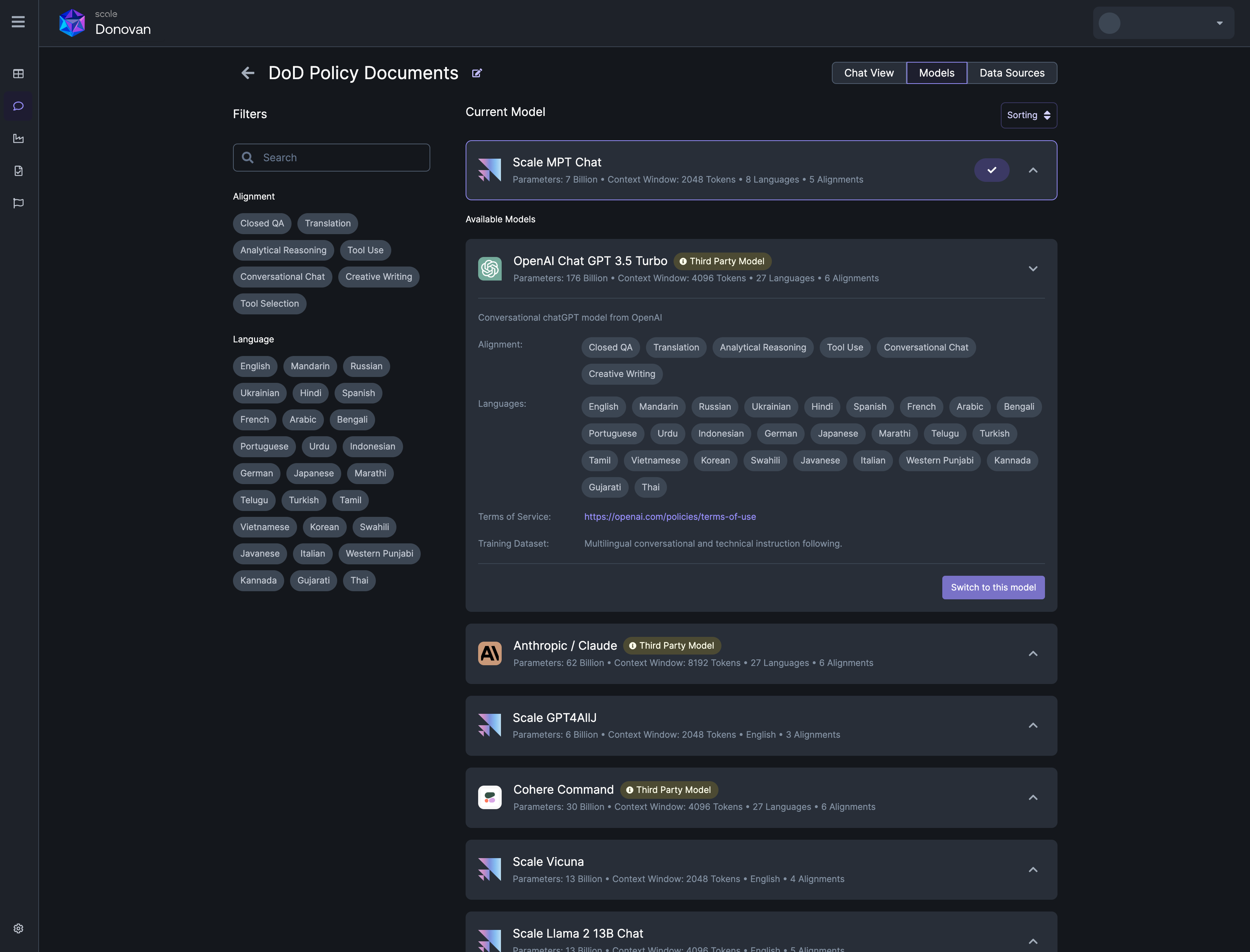 See descriptions, parameters, languages, alignments, and context windows for all models available in Donovan. Click "Switch to this model" to toggle the model for a particular chat thread.