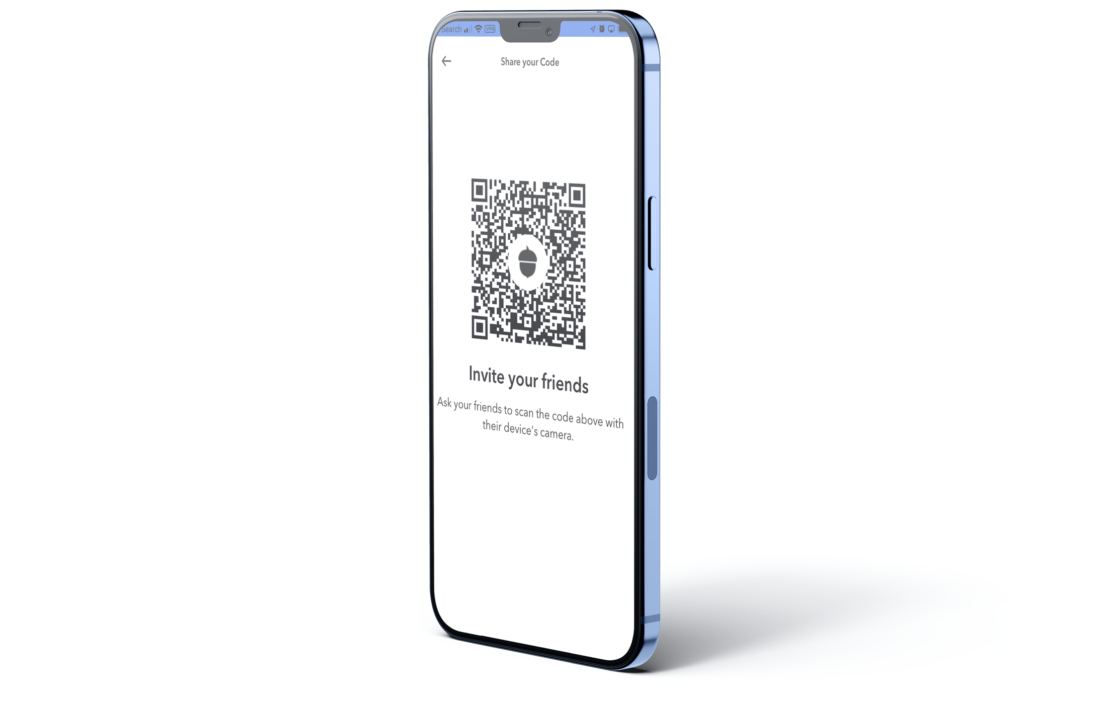 A phone displaying a QR code that friend can scan to use a referral program share code