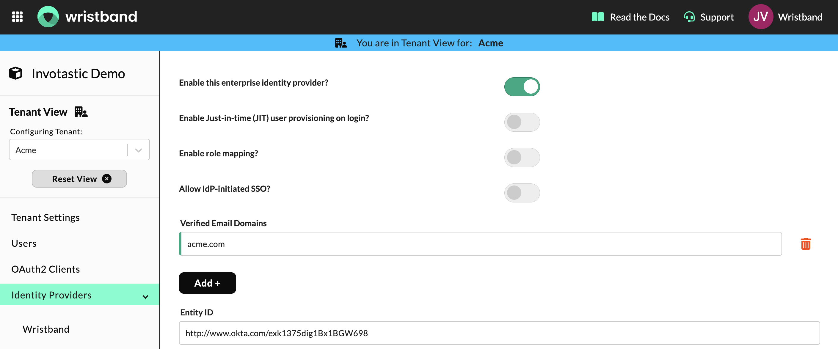 Wristband: IdP settings page showing additional configuration options