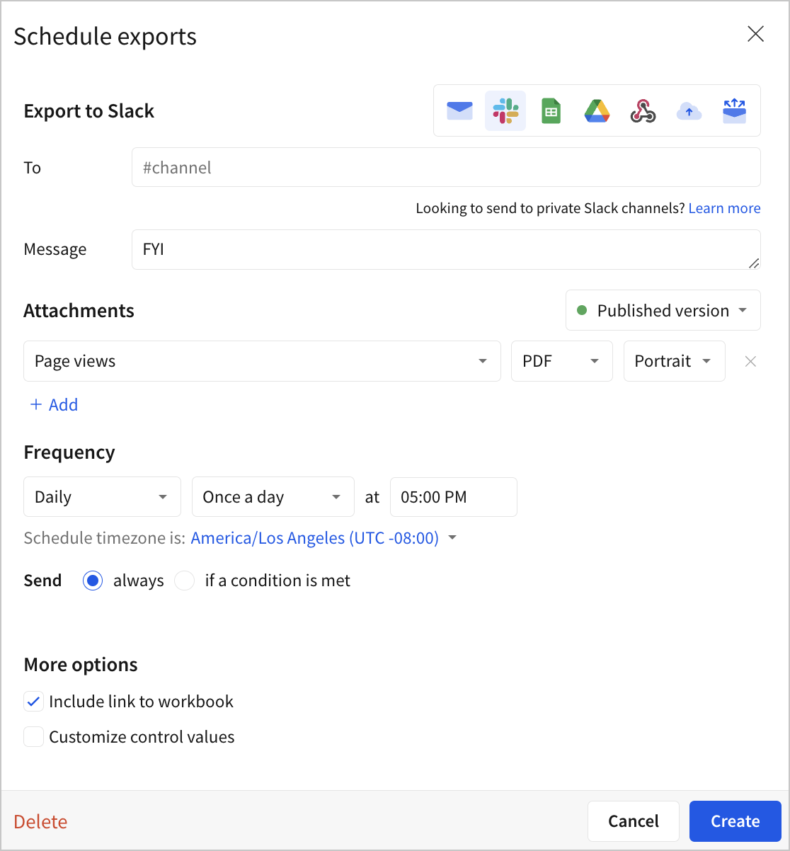 Schedule exports export to slack modal, with options described in surrounding text.