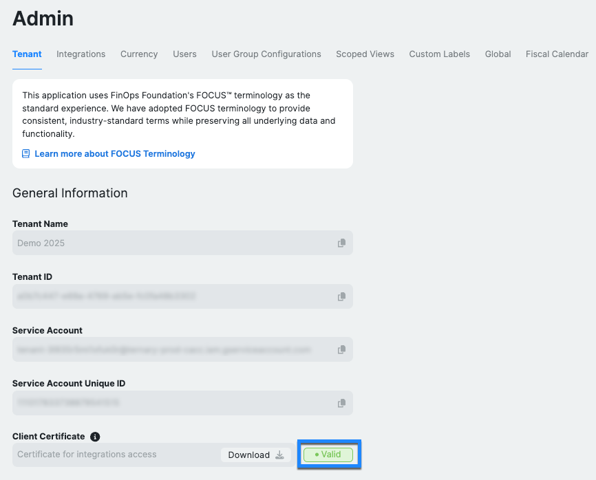 Admin Certificate Management view