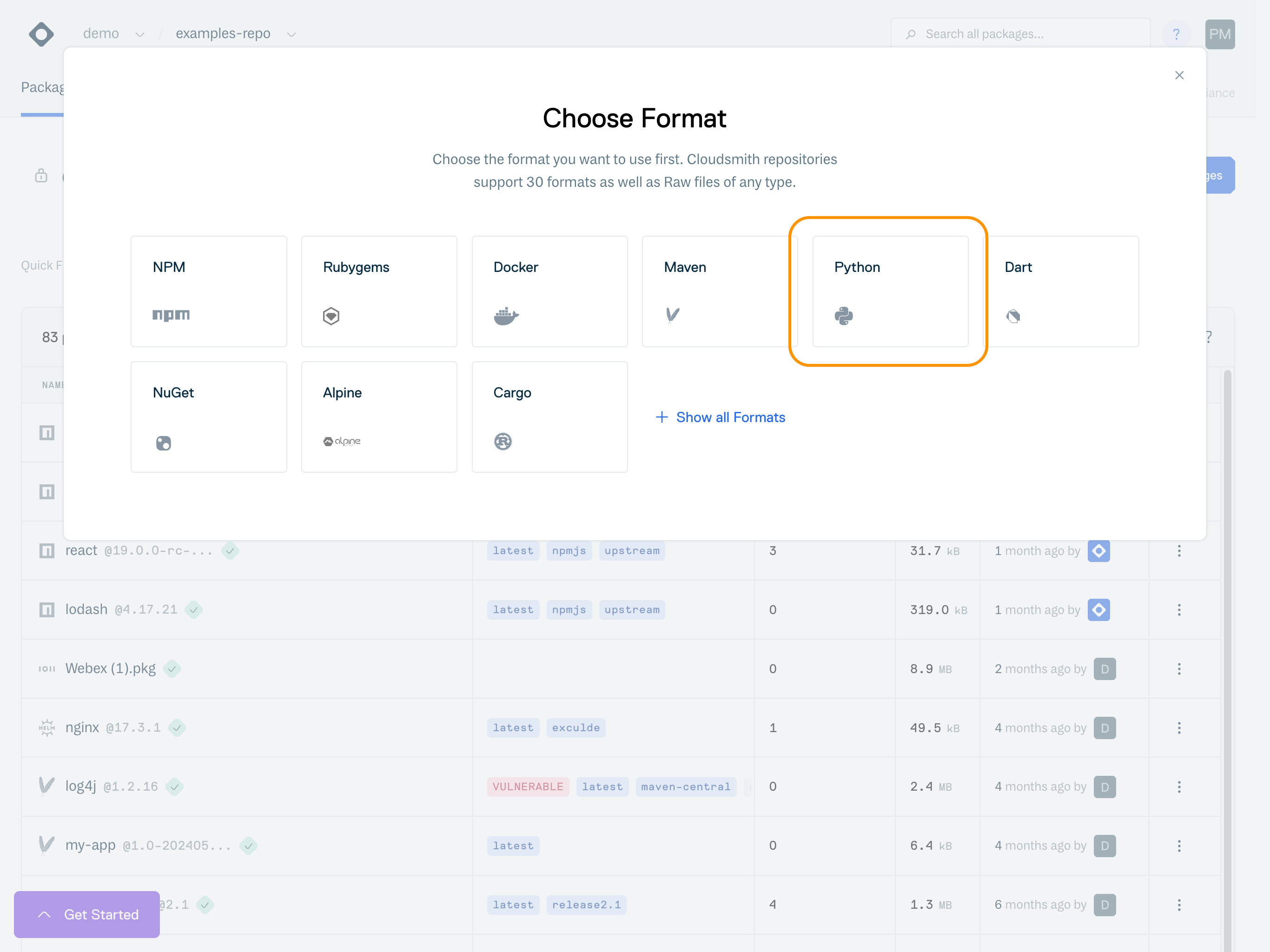 Package format selection in the Push/Pull Packages menu