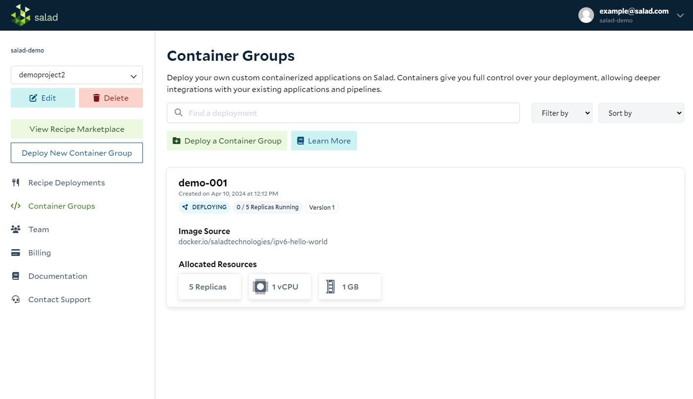 The Container Deployments List page.