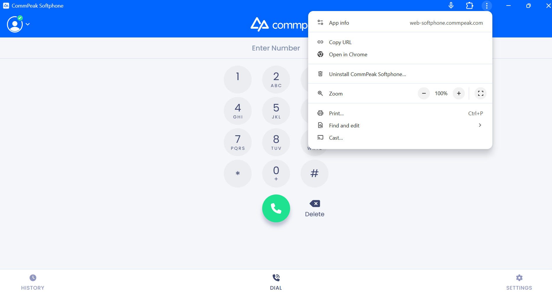 Screenshot of the Softphone Chrome Application ready for work