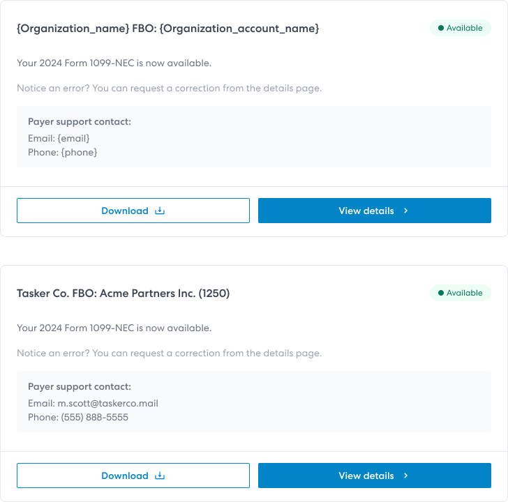 Images showing how organization accounts are shown to recipients