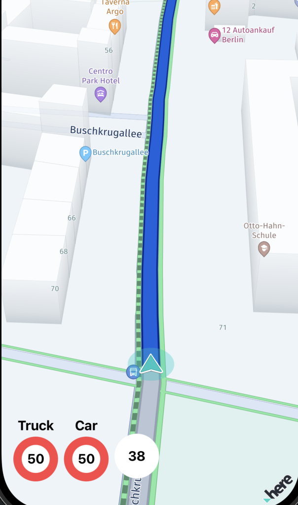 Screenshot: The TruckGuidance example app showing truck and car speed limit indicators.