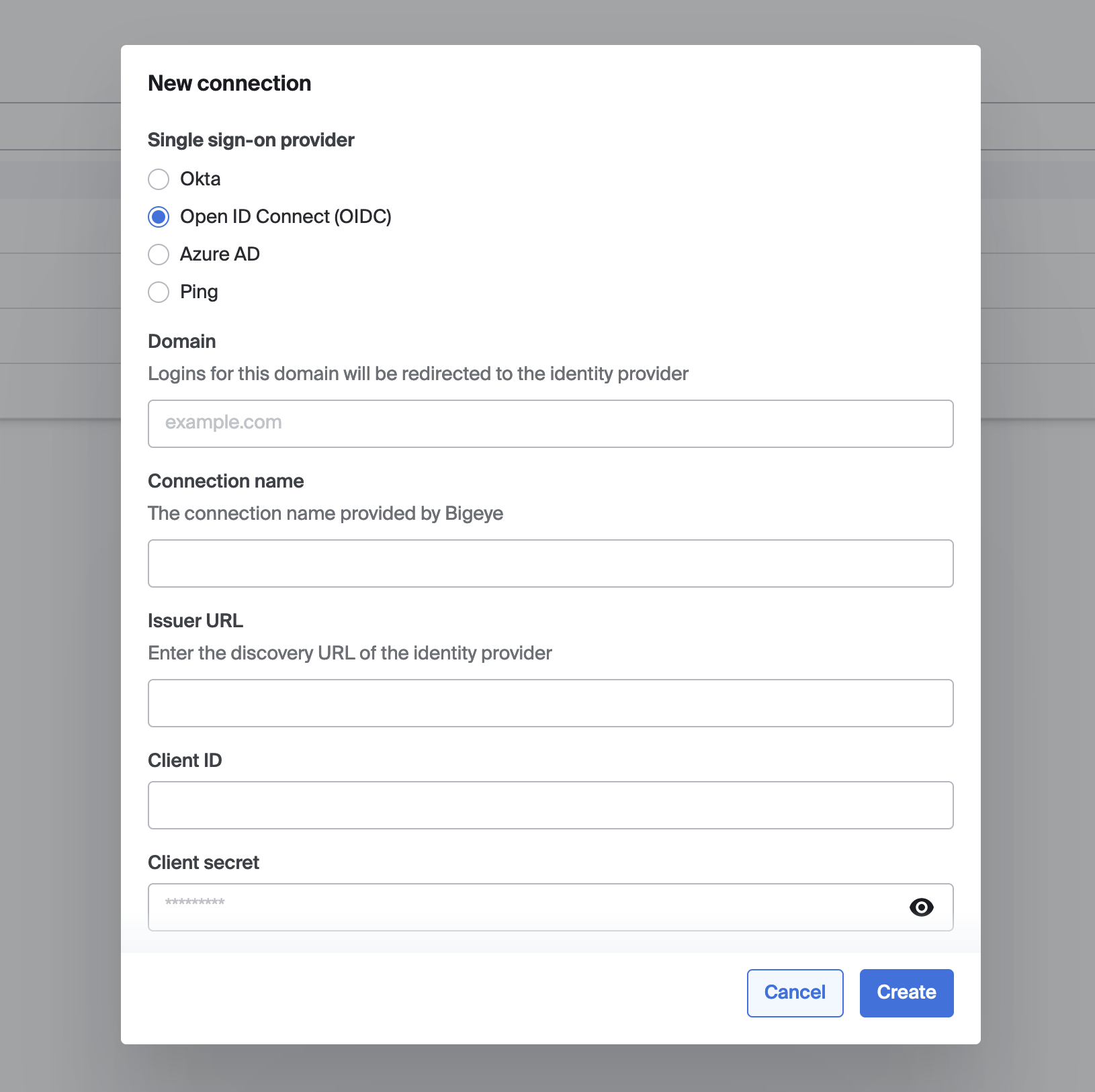 Configuration dialog for a new single sign-on connection