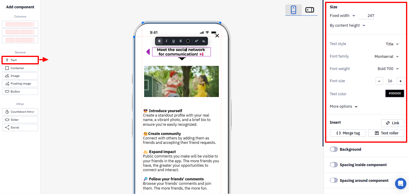 In-App editor showing the Text block settings panel with the Text component and title text field highlighted