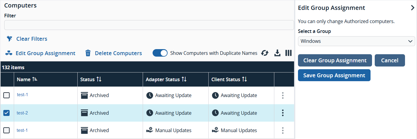 Edit group assignment panel