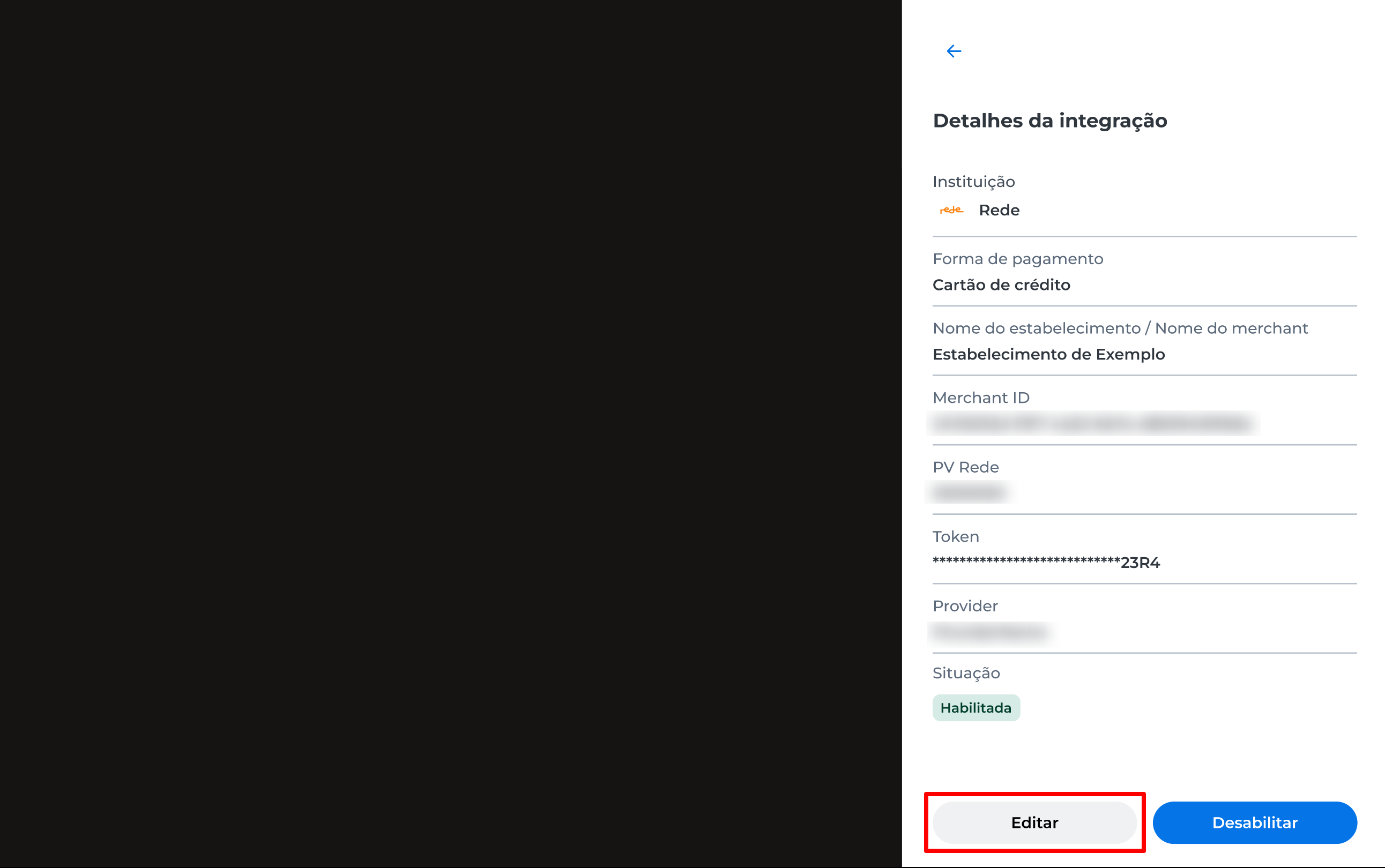Janela exibindo os detalhes da integração da forma de pagamento selecionada, com o botão "Editar" visível para alteração das configurações.