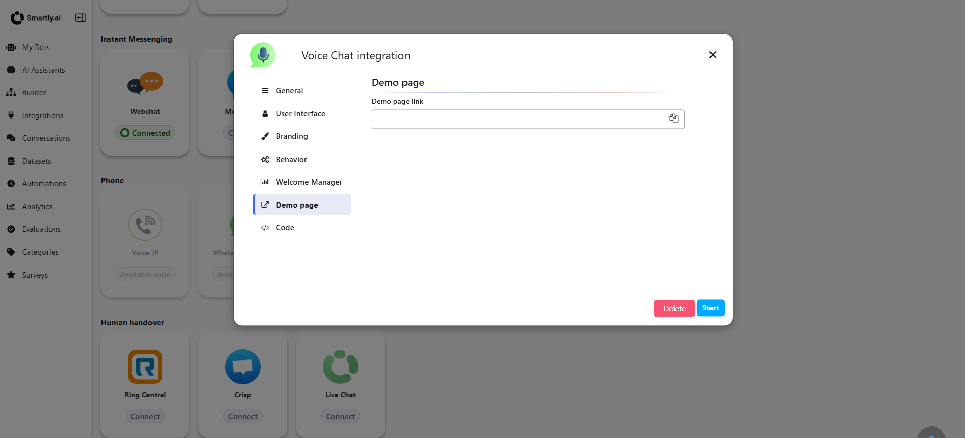 Voice Chat Demo page before starting