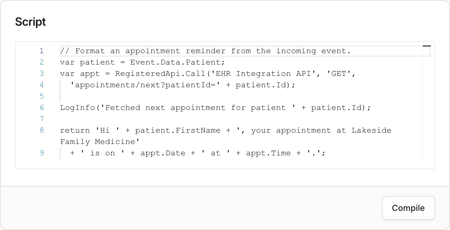 The script editor with a Spiney script: calling a Registered API by name, logging with LogInfo, and returning a value to the automation. Compile validates without saving.