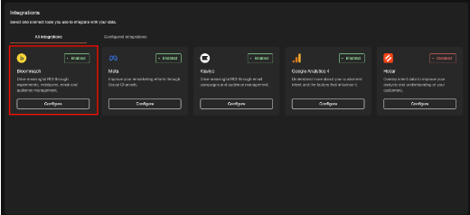 Integrations page in Intent with Bloomreach option and Configure button