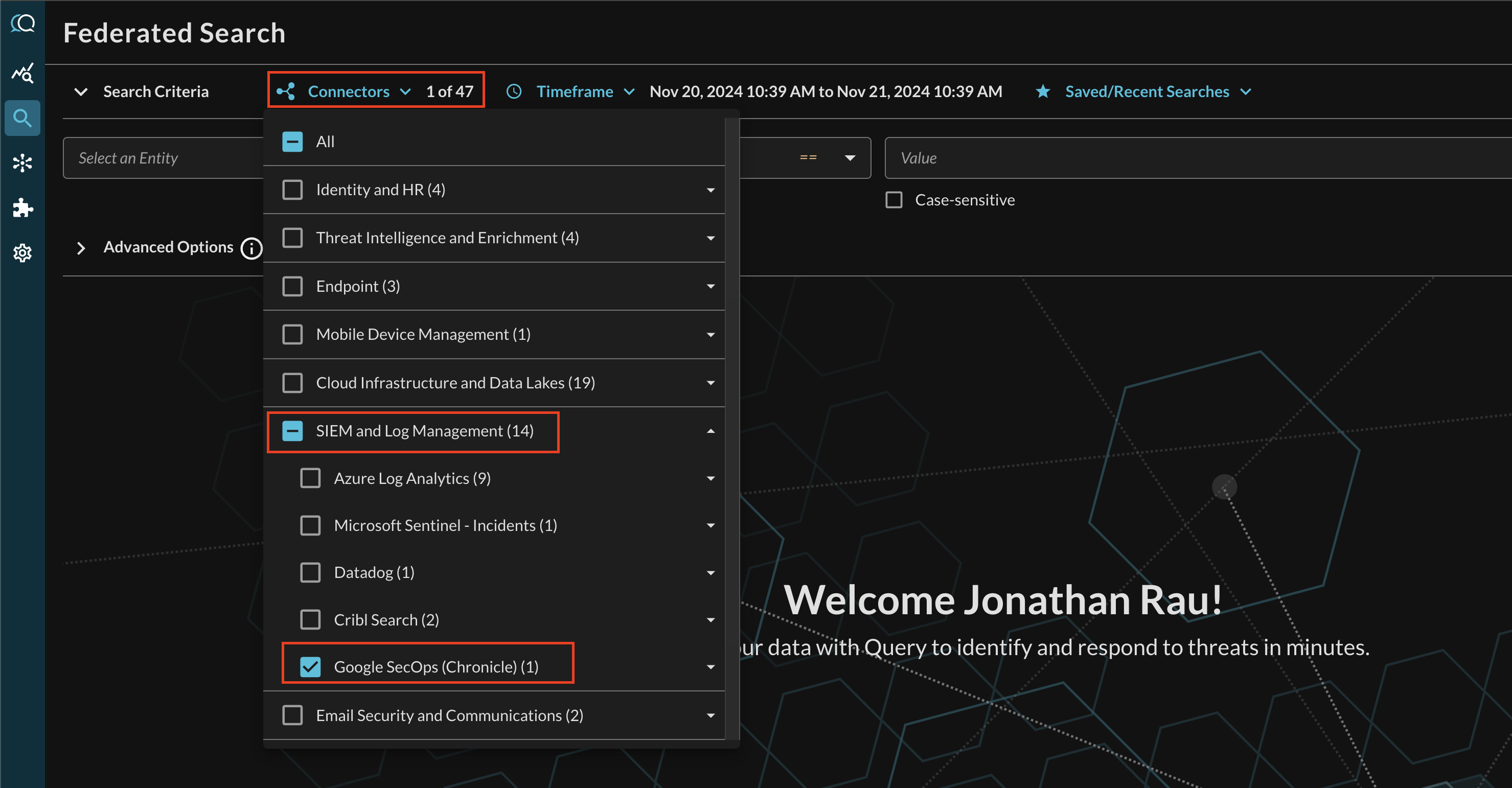 FIG. 8 - Selecting Google SecOps from the Connectors menu