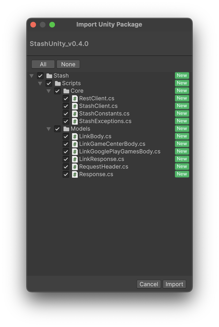 Importing Stash package into Unity project.