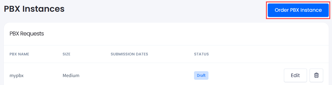 Screenshot with Order PBX Instance button highlighted