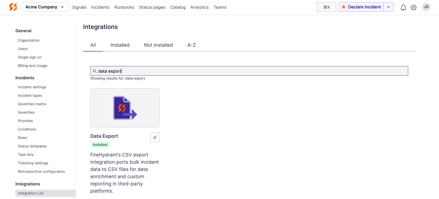 Data export tile on the integrations page