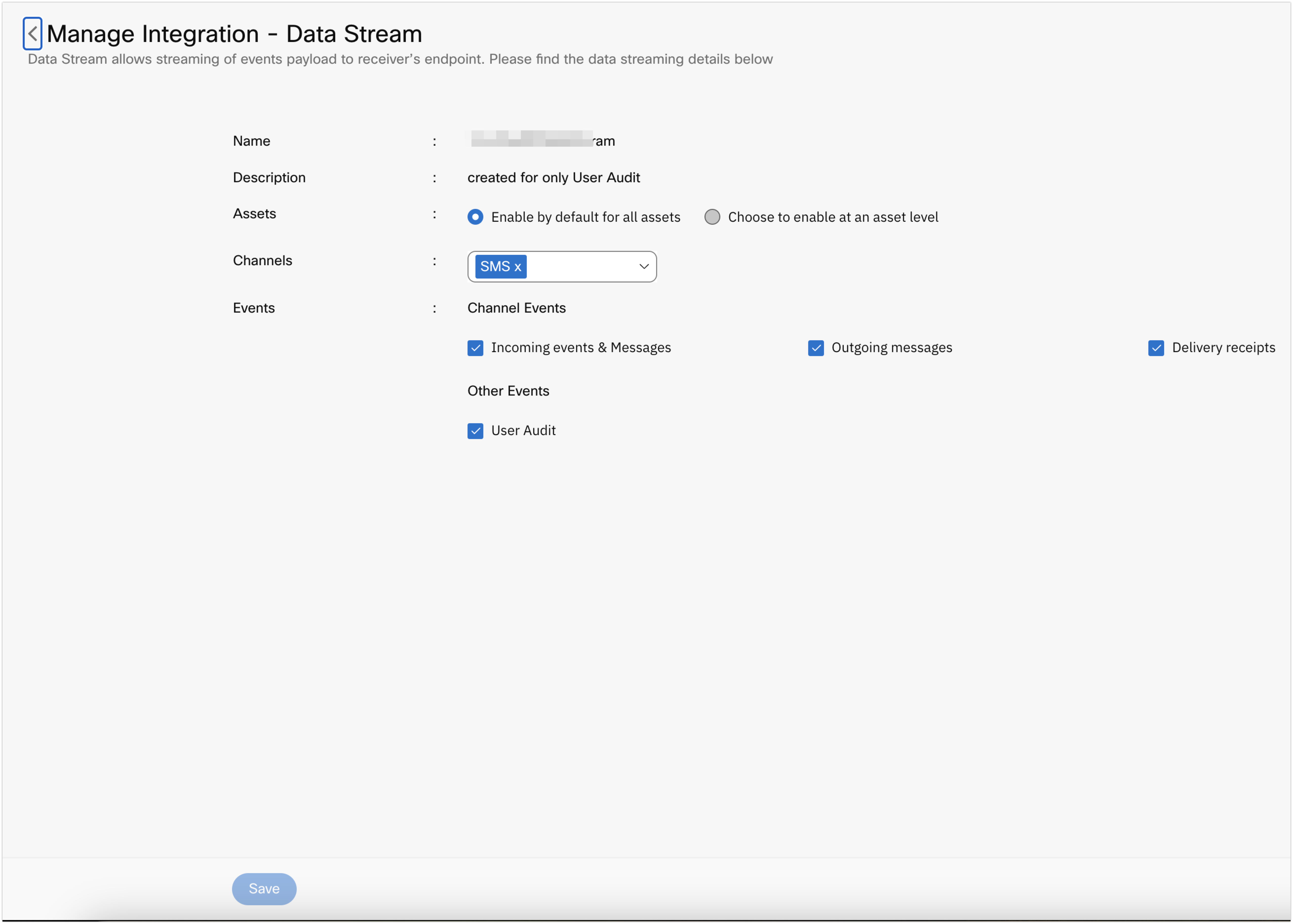 Manage Integration - Data Stream page