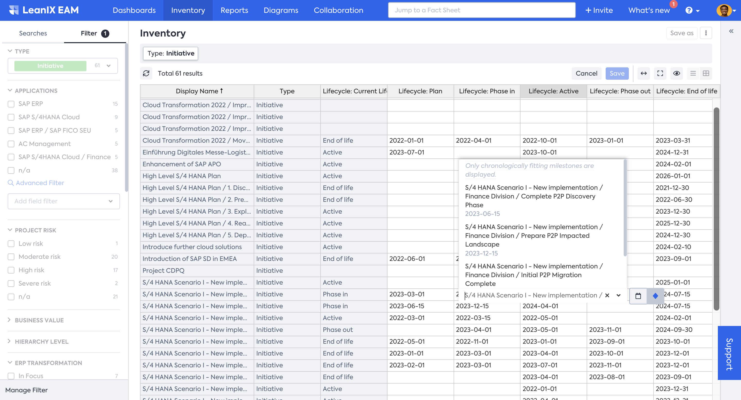 Editing Milestones in table view of Inventory