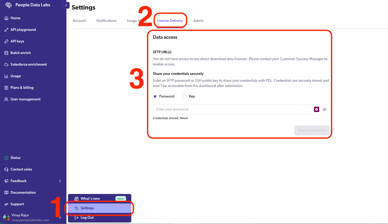 ## What are Direct Downloads  Historically, People Data Labs only offered a **Push** delivery model for our Data License customers - where we send your dataset directly to a storage location that you own and have configured (e.g. S3, Azure, GCP, Snowflake, etc).   <Image align="center" alt="Push:  Delivery initiated by PD" border={false} caption="**Push**:  Delivery initiated by PDL" src="https://files.readme.io/ed0856c313d10502cb113f4008ac44245d537f307ccec85ad380783fda50746a-Untitled_presentation_1.svg" width="500px" />  As of November 2026, we now also offer a **Pull** option: **Direct Downloads**.  <Image align="center" alt="Pull:  You download data via SFTP / SSH" border={false} caption="**Pull**:  You download data via SFTP / SSH" src="https://files.readme.io/3705fcfd1138bb6832812c0fb573003ba471c97311a49b2dccea4f420dfdb3a1-Direct_Downloads_Docs_Graphics.svg" width="500px" />    With Direct Downloads, instead of you creating the destination bucket, we create and host it for you. Once your data is delivered, you can securely download it on your schedule via SFTP or SSH. You’ll also get an email notification as soon as each delivery is ready.    ## Why Switch to Direct Downloads  If you are currently a Data License customer receiving data to a bucket that you control (e.g. the Push Model), switching to Direct Downloads offers several key benefits, including:  **No setup required on your end.** We handle the bucket creation and maintenance, so you don’t need to configure credentials.  **Pull on your own schedule.** Download deliveries whenever it's most convenient for your team—no waiting on a push, no dependency on storage syncing.  **Simple, secure access.** Use standard tools like SFTP, SSH, or AWS to access your data securely with credentials you manage through the PDL dashboard.  ## How to Get Started  To get started with Direct Downloads, just follow these quick steps:  1. **Contact your CSM**      Let your Customer Success Manager know you'd like to switch to Direct Downloads. Our team will handle the backend setup and spin up your secure bucket. _Note: a minor contract amendment for the adjusted delivery location may be required._ 2. **Set your Credentials**      Once, we've enabled your new delivery method, go to the **Settings** area of your PDL Dashboard to retrieve your username and setup your password or SSH key.       <Image align="center" border={false} caption="Accessing and configuring credentials in the PDL Dashboard" src="https://files.readme.io/5f556068b451c1fded69455a807fd8ce9aefa168c9ae44a7927cb99b18dc27cb-Screenshot_2026-01-19_at_1.56.11_PM.png" />  We want to make switching to Direct Downloads as simple as possible. So when you’re ready to make the switch, just follow these quick steps:      If you're unable to receive the data through [Amazon S3](https://docs.peopledatalabs.com/docs/data-delivery-using-s3) or [Snowflake](https://docs.peopledatalabs.com/docs/data-delivery-using-snowflake), you may opt to receive your data as a list of temporary [presigned URLs](https://docs.aws.amazon.com/AmazonS3/latest/dev/ShareObjectPreSignedURL.html).  Please note that this process is not possible for large datasets (over 250 MBs).  When a new version of the dataset is ready for you to ingest, we'll send you an email that lets you know that your dataset is ready for you to download. Once you email us back confirming that you're ready to begin downloading the data, we'll send you a newline-separated text file of presigned URLs. You can download each URL through a simple HTTP call.  Each presigned URL is only valid for three days after we generate it. If you're unable to download the data within this period, email [success@peopledatalabs.com](mailto:success@peopledatalabs.com?Subject=S3%20YOURCOMPANY) and we'll generate a new set of presigned URLs for you.