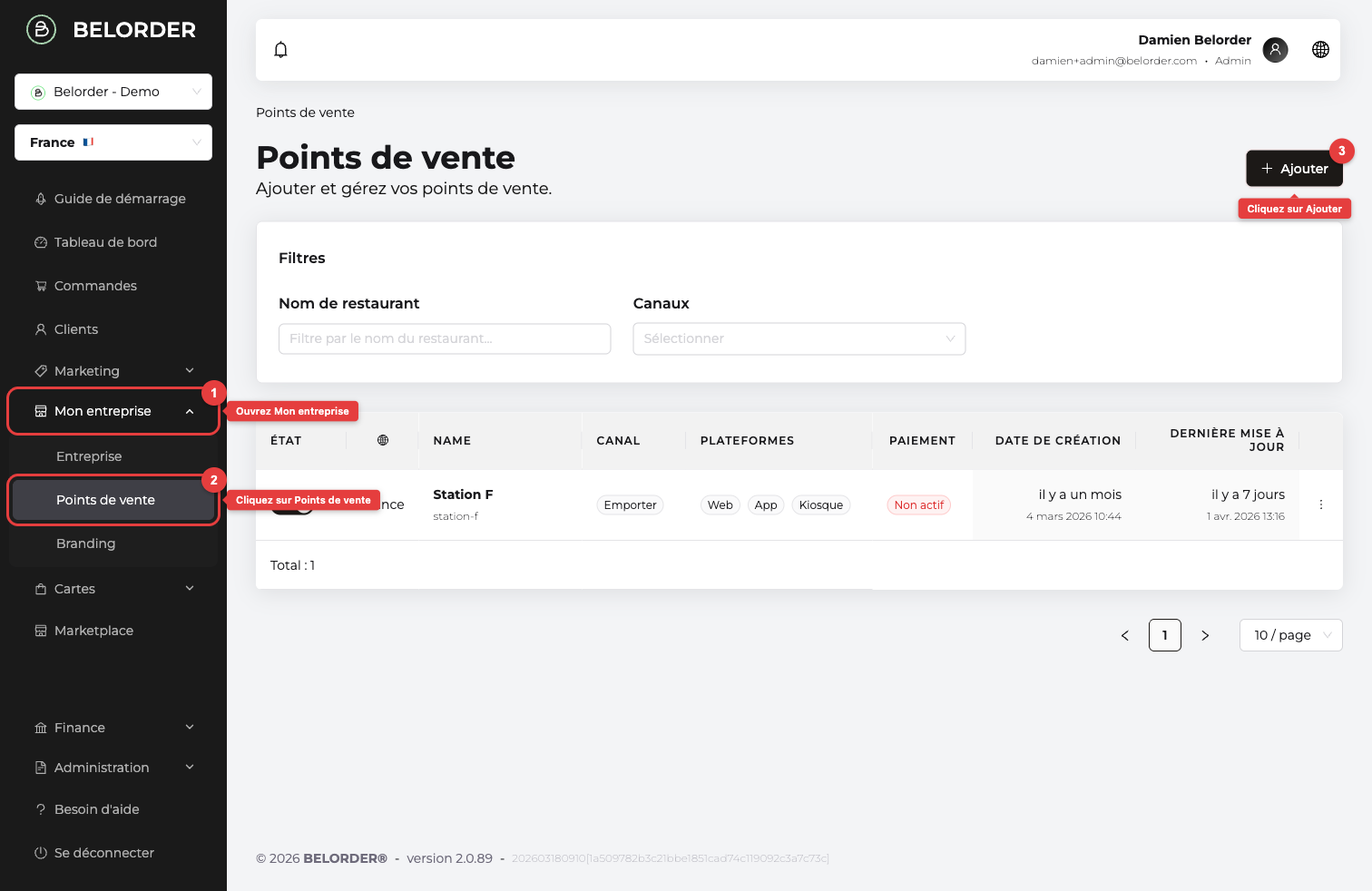Navigation vers la création d'un point de vente