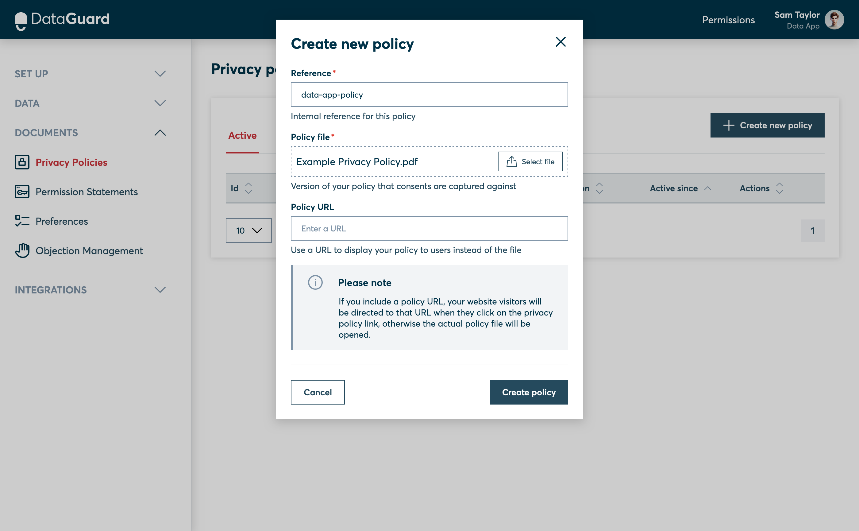 Privacy Policy creation modal with Policy file selected.