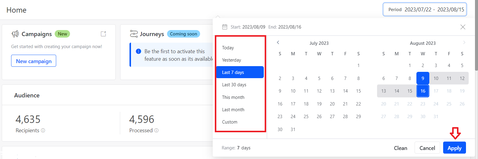 Ocean dashboard quick actions
