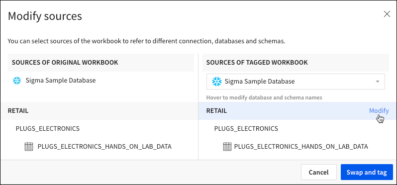 Shows the Modify option for the database of the selected data source.