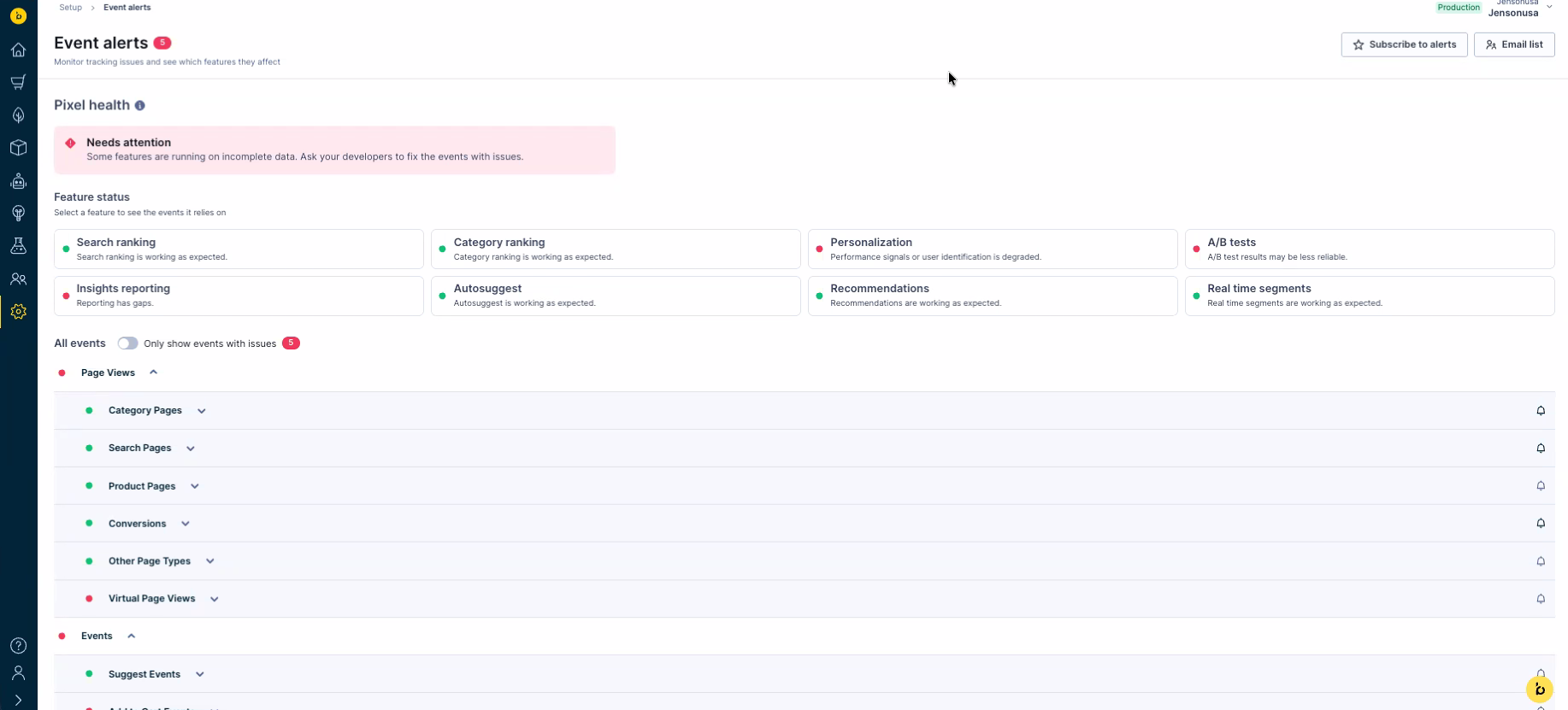 Event alerts dashboard