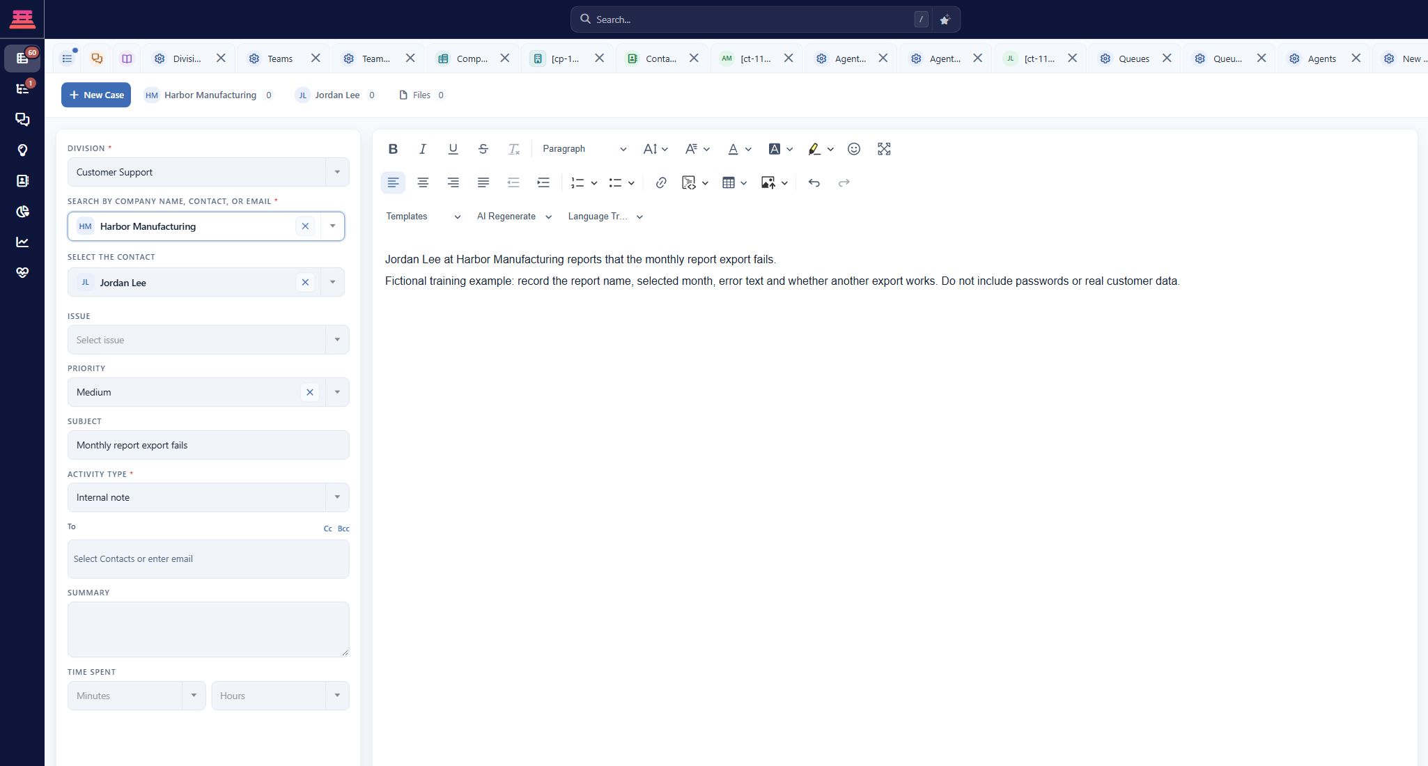 Populated, unsaved manual case example for Harbor Manufacturing; Internal note is selected and recipients are empty.