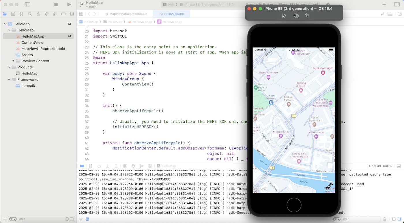"HelloMap" example running in a simulator.