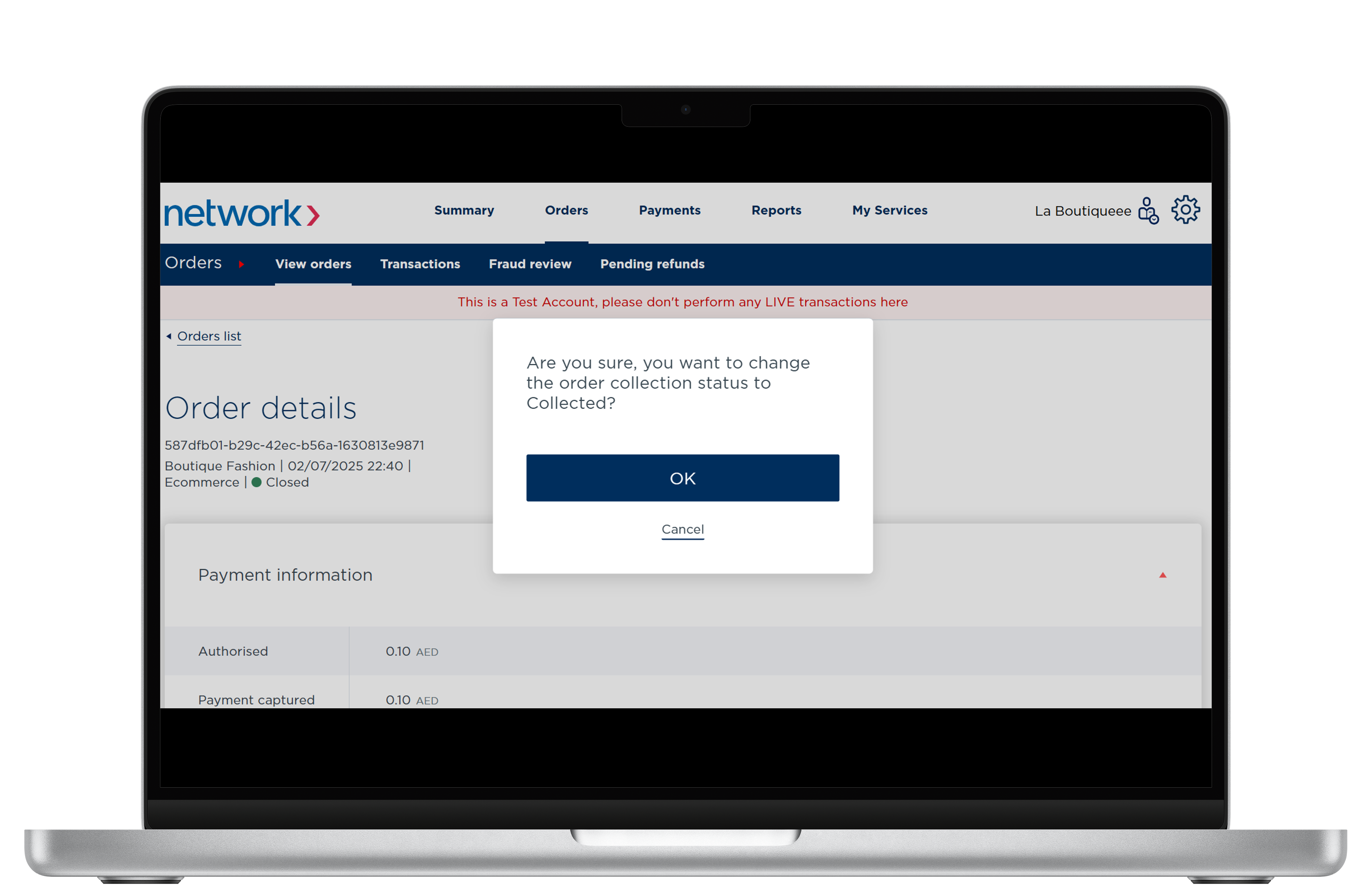 A prompt warns the merchant that they are about to change the order collection status. Click Ok. 