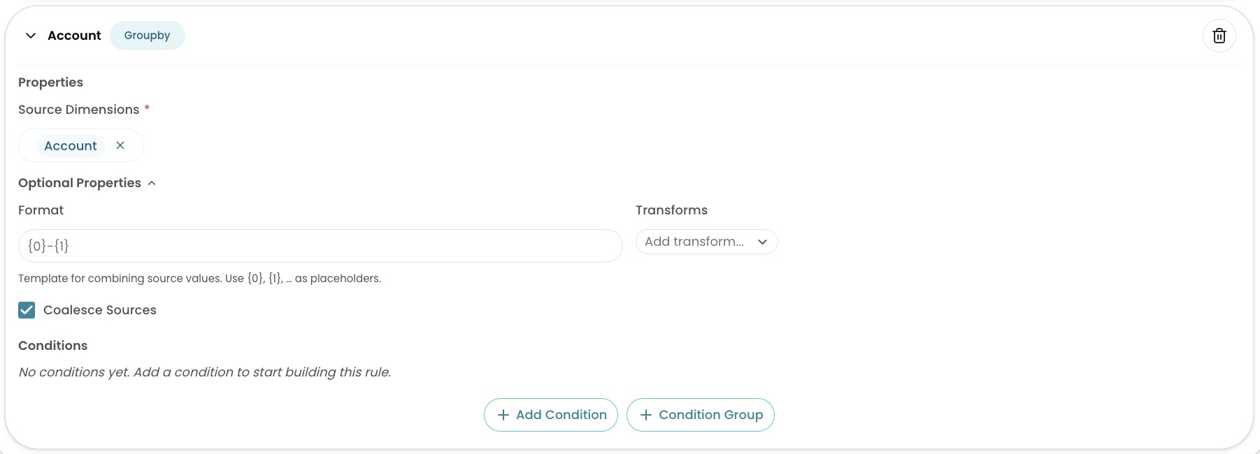 GroupBy rule in the form editor with sources selected