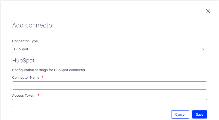 Screenshot of the HubSpot connector configuration settings where entering the connector name and access token
