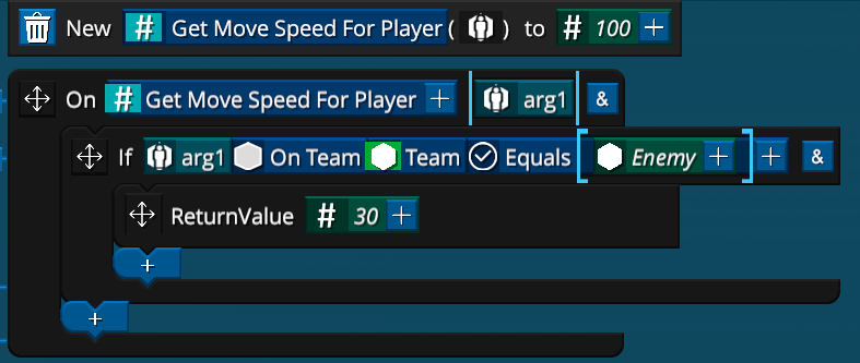 A 'Get Move Speed For Player' ReturnValue variable is added, with a parameter type of 'Player'. This sets it's Movement Speed to '30' only if it's on the Enemy team - otherwise it'll have it's default value of 100.

Another script could also then add a Event line to return a value.