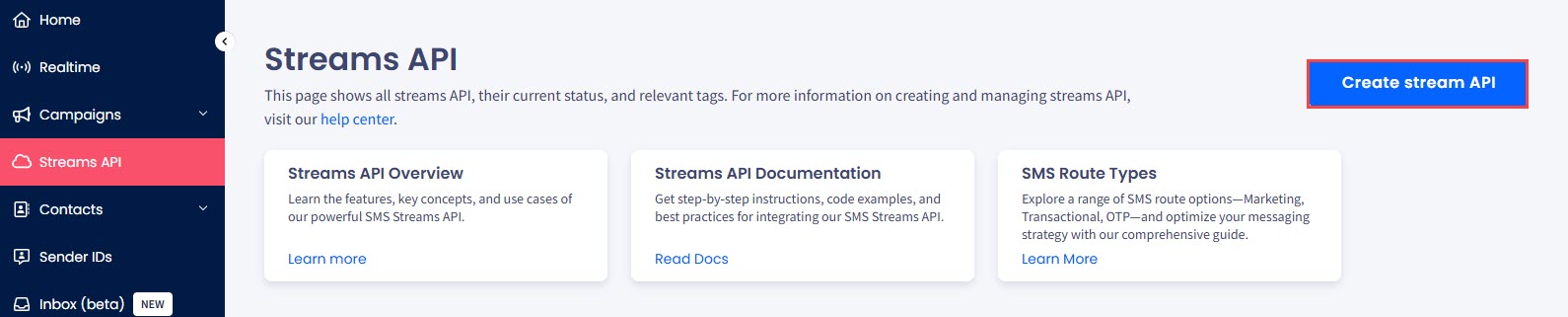 Screenshot of the Create Streams API button