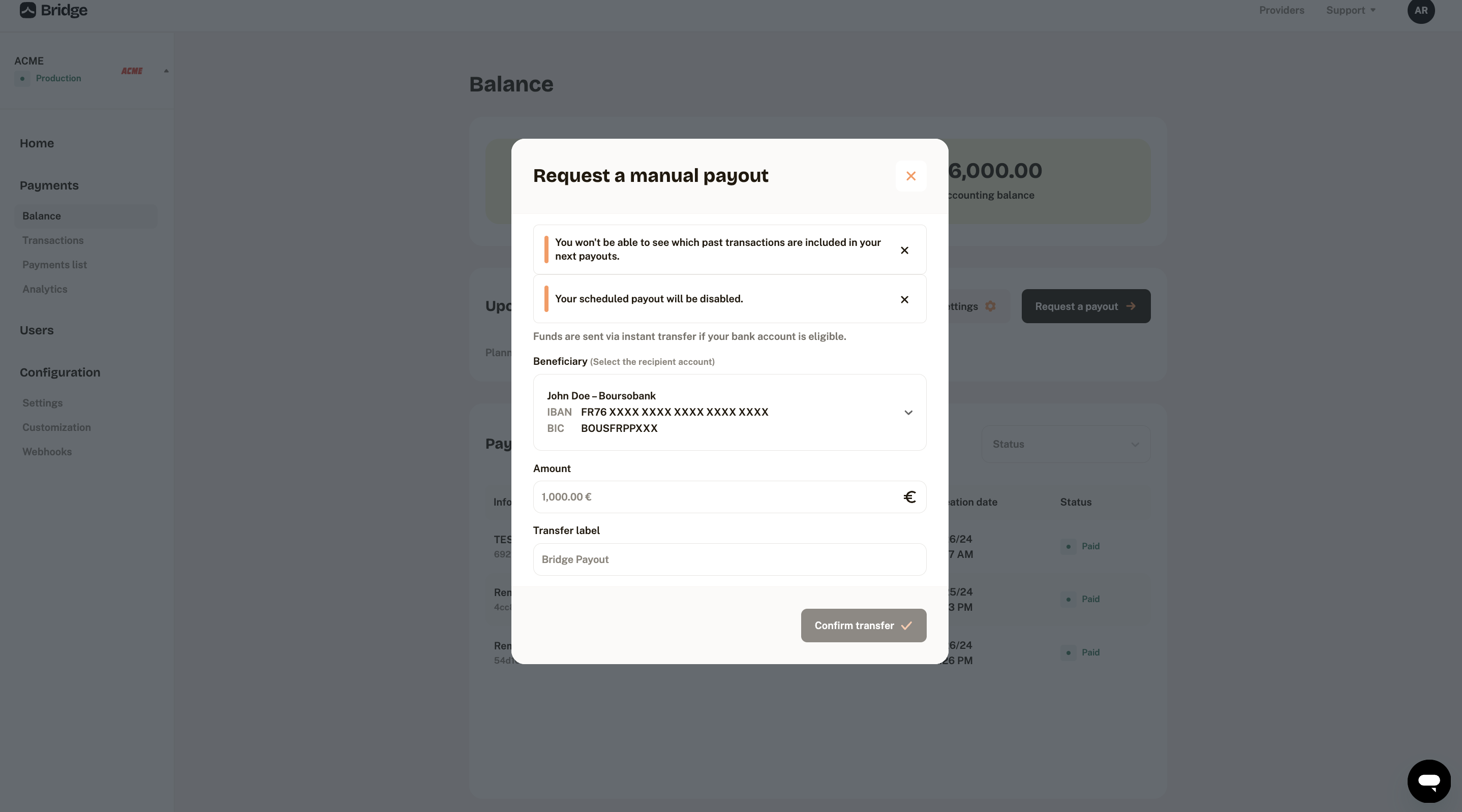 Manual payout