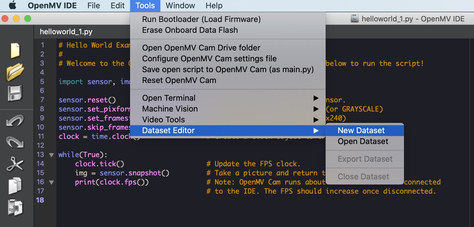 01NewDataset.png Creating a new dataset in the OpenMV IDE