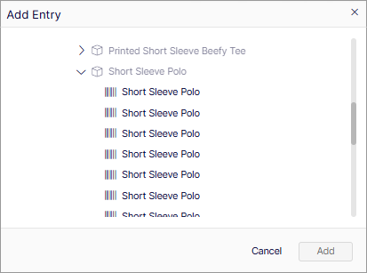 Screenshot of the Add Entry window showing Short Sleeve Polo variants selected for inclusion in a package.