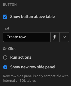 Action button opens a new row side panel