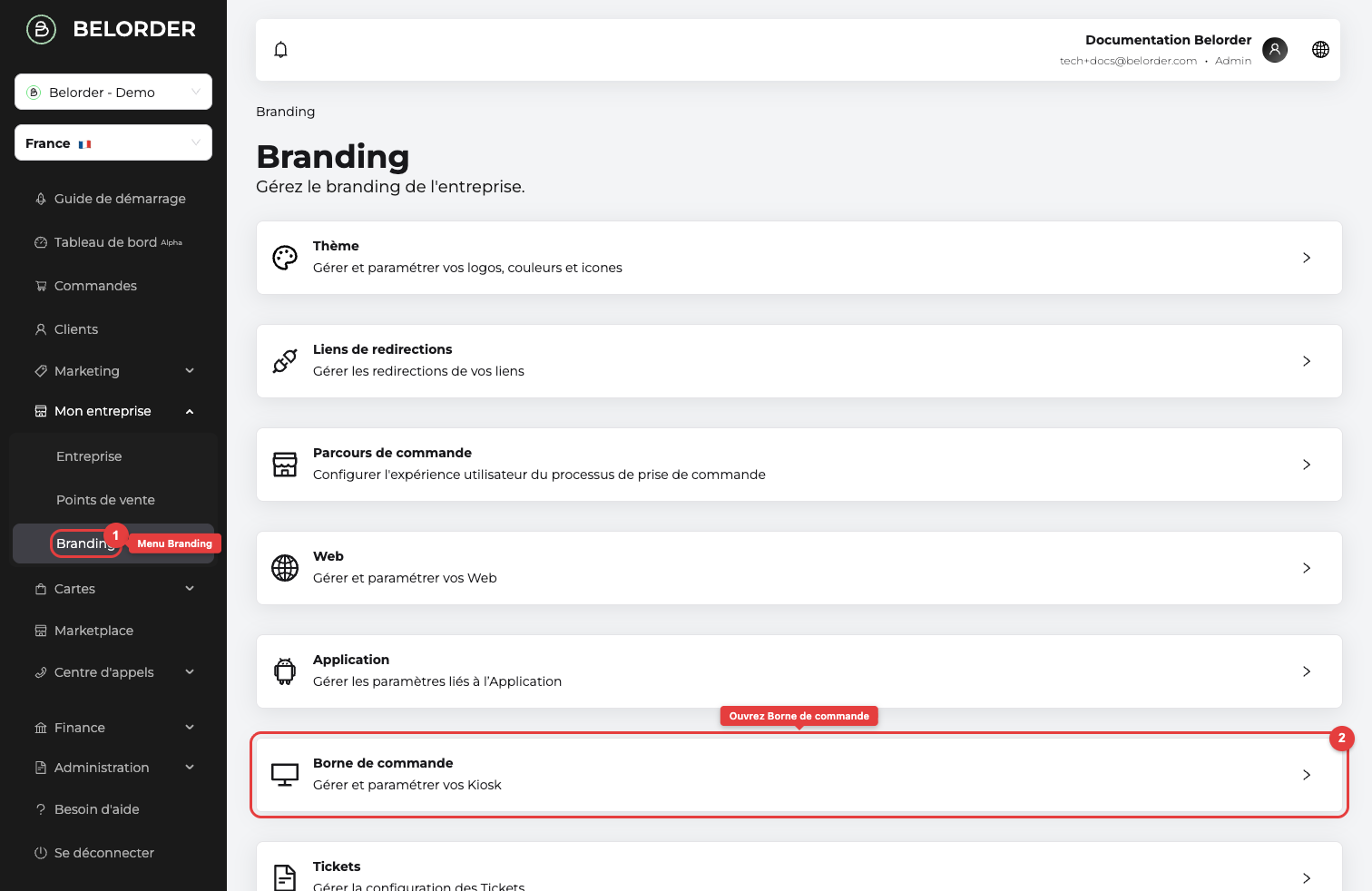 Accéder à l'écran de veille : dans le menu Branding, ouvrez la carte Borne de commande