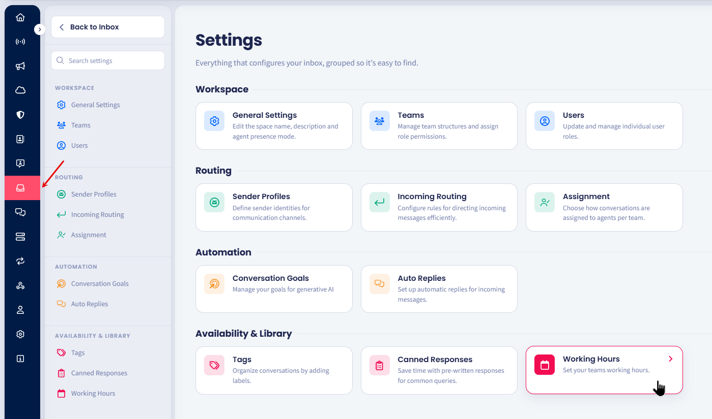 Screenshot of the Inbox Working hours tab