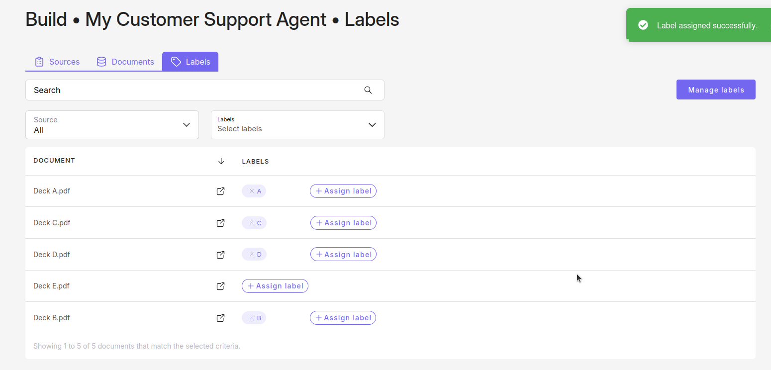 Screenshot of sources where labels are assigned and a source that has no label assigned
