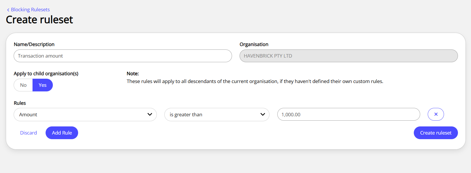 The Create ruleset screen in the Blocking Rulesets screen