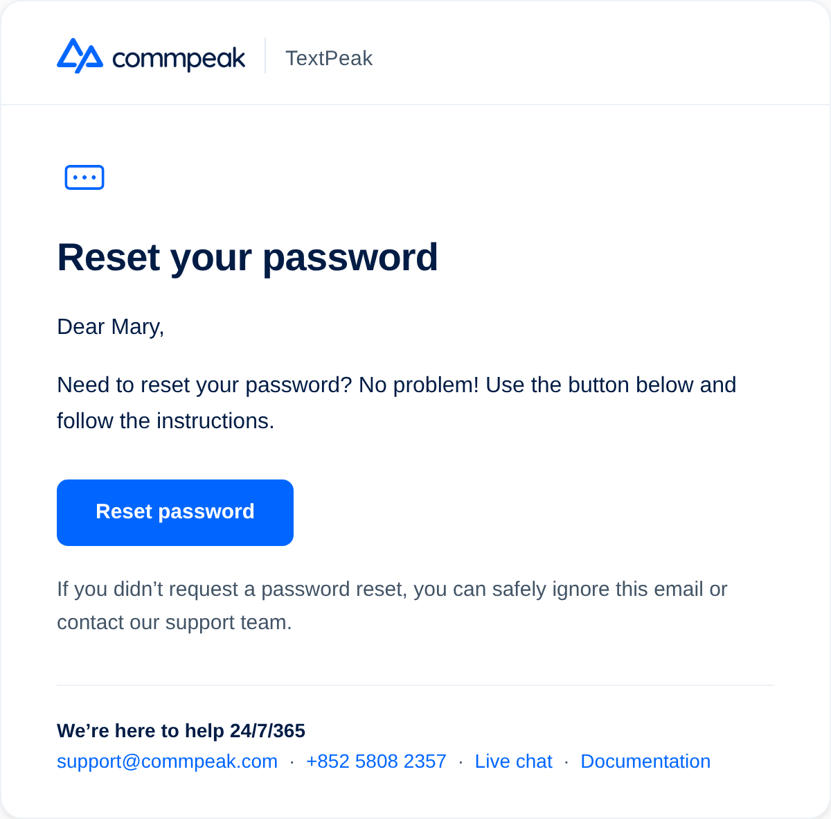 Screenshot of the reset password verification by email