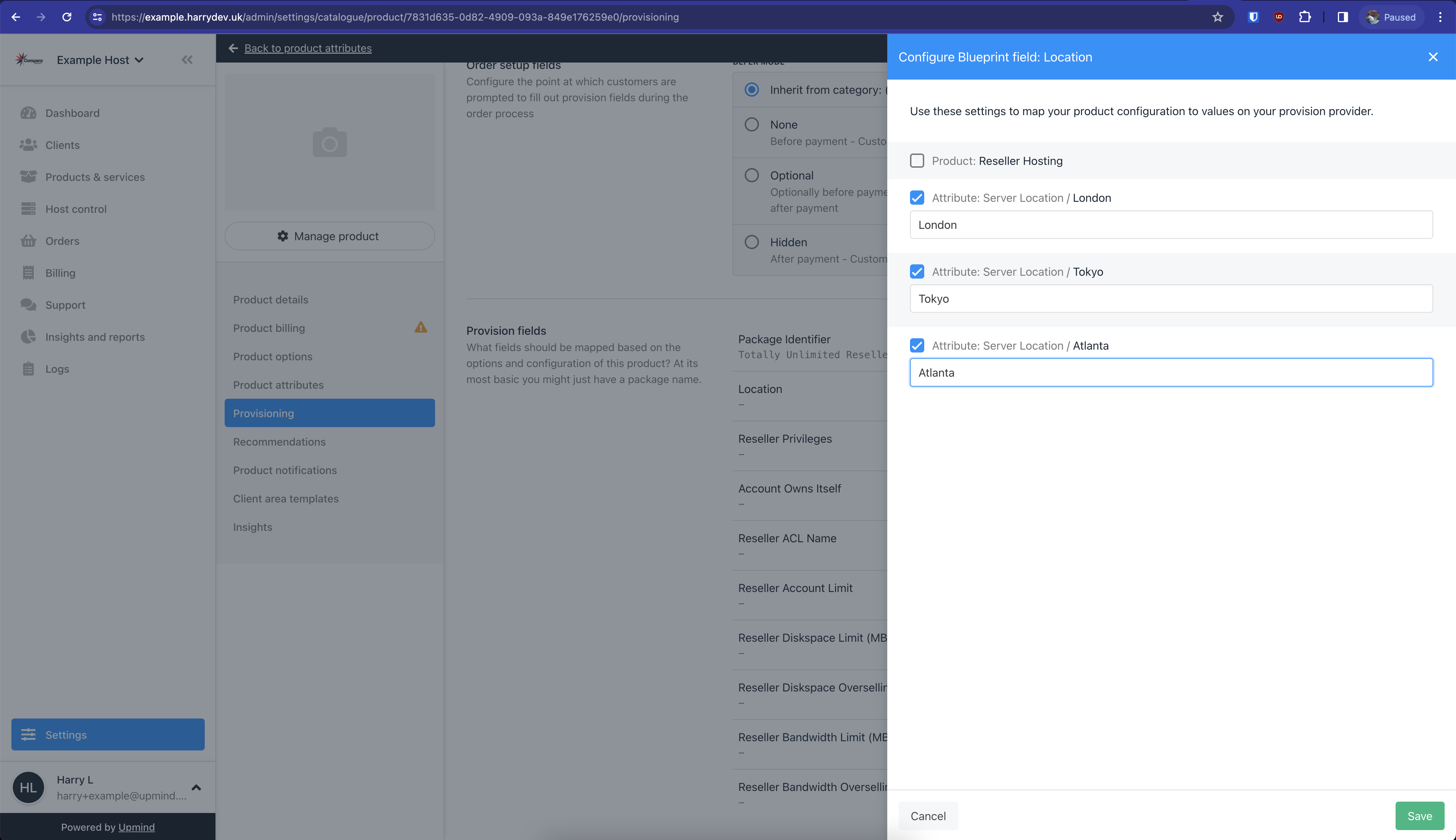 Click on the `Location` field and for each attribute you attached to the hosting package, tick the box and fill in the name of the corresponding server group in Enhance, then click `Save`