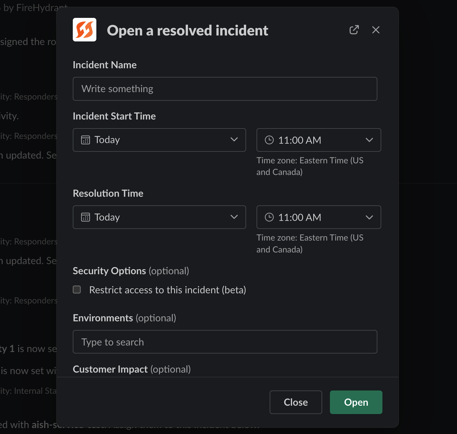 Create resolved incident Slack form