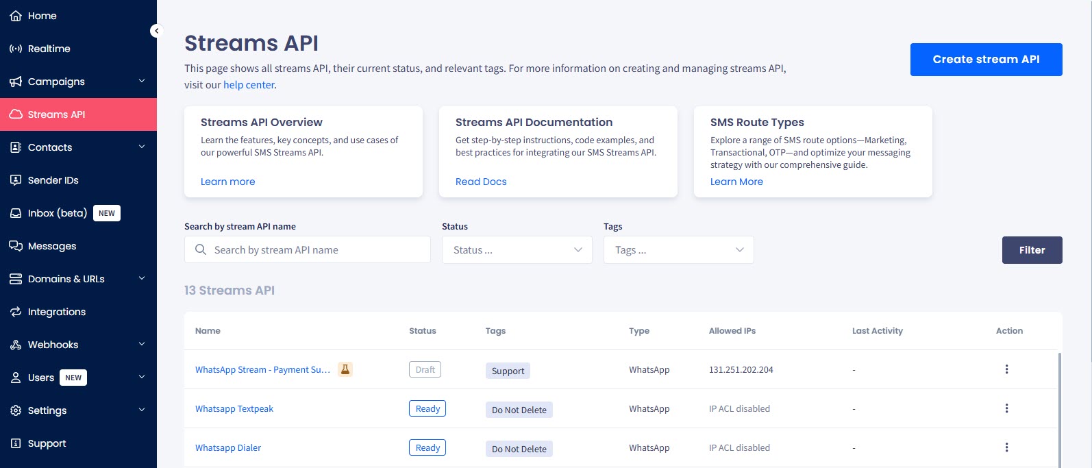 Screenshot of the Streams API tab