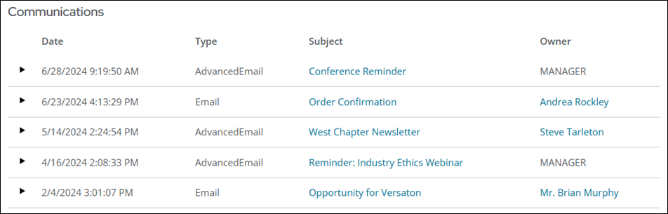 Viewing the communications on an account page
